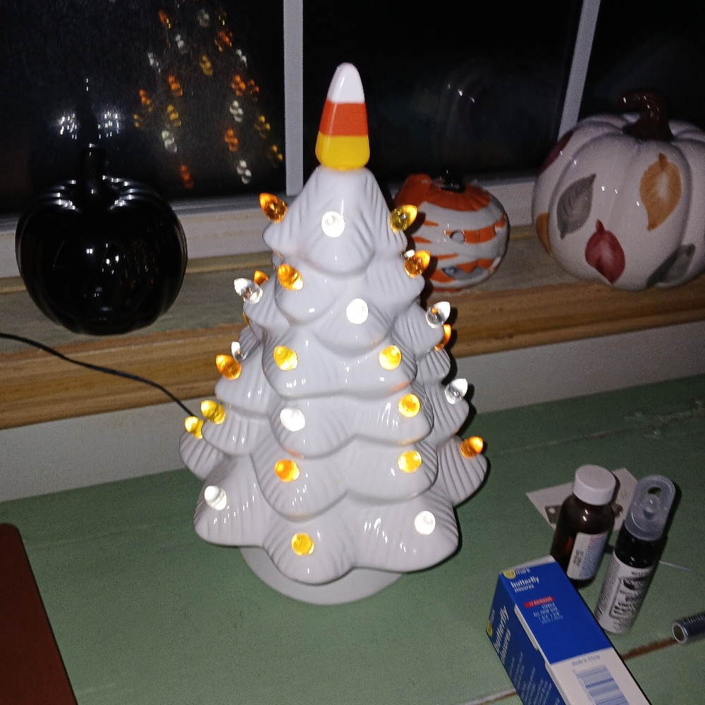 Festive Ceramic Holiday Tree with Orange and White Lights